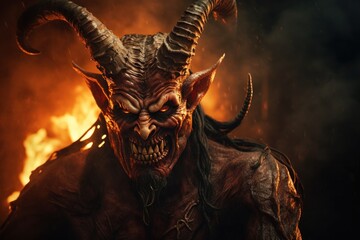 Wall Mural - A demon with horns standing in front of a fire. This image can be used to depict horror, darkness, or supernatural themes.