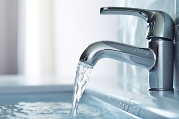 Poster - A faucet in a sink running water. This image can be used to depict concepts such as cleanliness, hygiene, household chores, plumbing, and water conservation.
