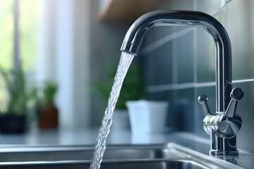 Poster - A picture of a kitchen sink with a faucet running out of it. This image can be used to illustrate concepts related to water usage, plumbing, household chores, and kitchen maintenance.