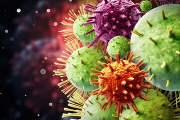 Wall Mural - A close-up view of a bunch of viruses. This image can be used to illustrate scientific research, medical articles, or educational materials.