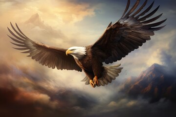 Poster - A majestic bald eagle soaring through a cloudy sky. Perfect for nature and wildlife enthusiasts.