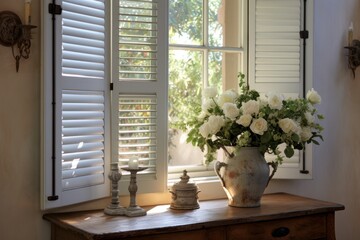 Poster - A vase of flowers sitting on top of a wooden table. This image can be used to add a touch of nature and beauty to any space.