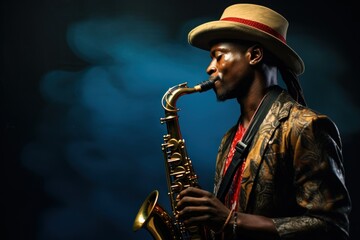 Poster - A man wearing a hat playing the saxophone. This picture can be used to depict a jazz musician or live music performance.