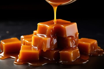 Poster - A spoon is shown drizzling caramel onto cubes of caramel. This image can be used to depict the process of caramel preparation or to showcase the deliciousness of caramel desserts.