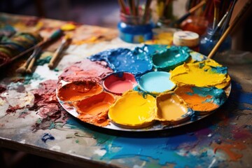 Poster - A detailed view of a plate filled with colorful paint on a table. This versatile image can be used for various artistic and creative concepts.