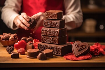 Poster - A person is pouring chocolate into a stack of chocolates. This image can be used for illustrating the process of making or decorating chocolates.