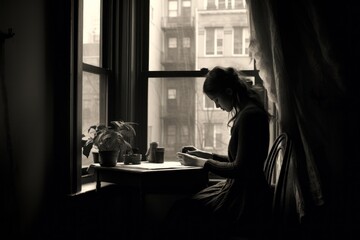 Poster - A woman sitting at a desk in front of a window. This image can be used to depict a professional working environment or a cozy home office setup.