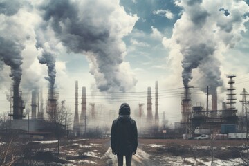 Poster - A person standing in front of a factory with smoke billowing out of it. This image can be used to depict industrial pollution or environmental issues.