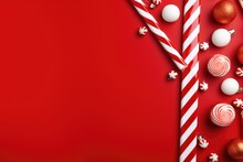Candy Canes And Christmas Decorations On A Vibrant Red Background