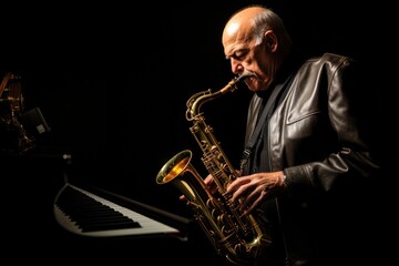 Poster - A talented man playing the saxophone with passion and style. This image can be used to depict a musician, jazz performance, music concert, or artistic expression.