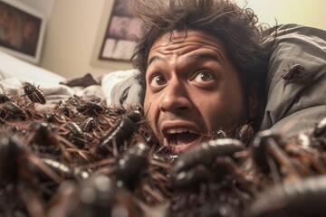 Aufkleber - A man lying on top of a bed covered in bugs. This image can be used to depict discomfort, infestation, or fear of bugs.
