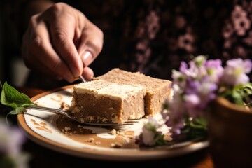 Poster - A person is seen cutting a piece of cake on a plate. This image can be used to depict celebrations, birthday parties, or dessert preparation.