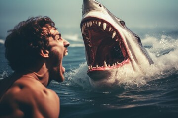 Poster - A man is pictured swimming in the water alongside a shark. This image can be used to depict the thrill and danger of underwater adventures or to illustrate the concept of facing fears.
