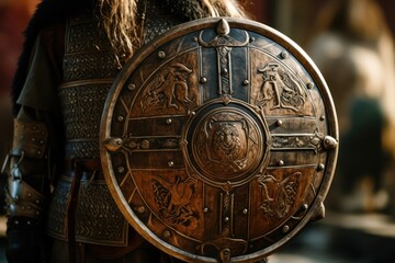Poster - A close-up view of a person holding a shield. This image can be used to represent protection, defense, or security.
