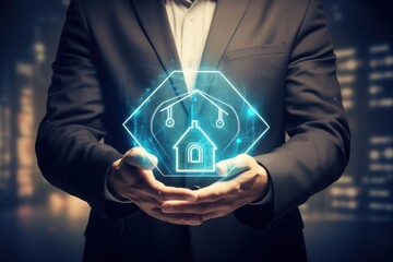 Poster - A man in a suit holding a glowing house. This image can be used to represent concepts such as real estate, investment, or the housing market.