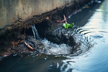 A Small Stream Of Water Is Seen Flowing Out Of A Concrete Wall. This Image Can Be Used To Depict Concepts Such As Water Leakage, Plumbing Issues, Or Urban Infrastructure.