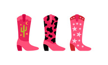 Set Of Funky Cowgirl Boots With Cow Print, Stars And Cactus. Vector Flat Illustration Of Cowboy Boots On Isolated Background. Disco Party Concept