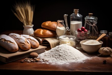 Aufkleber - A rustic wooden table is beautifully arranged with an assortment of fresh bread and various ingredients. This versatile image can be used to depict a cozy bakery scene, a delicious homemade meal, or e