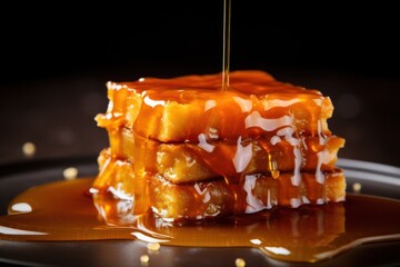 Poster - A delicious stack of waffles with warm syrup being drizzled over them. Perfect for breakfast or brunch menus and food-related projects.