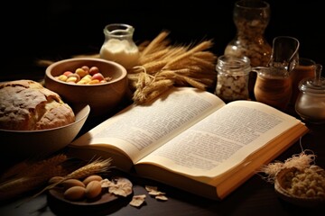 Poster - An open book sitting on top of a wooden table. Perfect for educational or literary concepts.