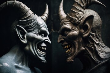 Poster - Two statues with horns on them. Perfect for adding a touch of uniqueness and intrigue to any project or design.