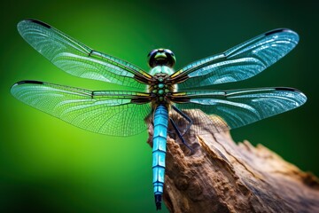 Aufkleber - A dragonfly perched on a piece of wood. Perfect for nature enthusiasts and those seeking a touch of whimsy in their designs.