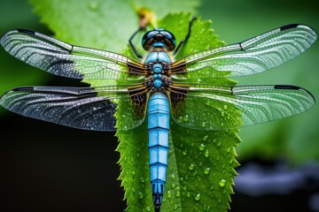 Aufkleber - A serene image of a blue dragonfly perched delicately on a leaf. This picture captures the beauty and tranquility of nature. Perfect for nature enthusiasts, gardeners, or anyone looking for a peaceful