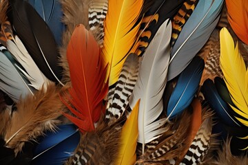 Poster - A close-up view of an array of colorful feathers. This image captures the intricate details and vibrant hues of these feathers. Perfect for adding a touch of nature's beauty to any project or design.