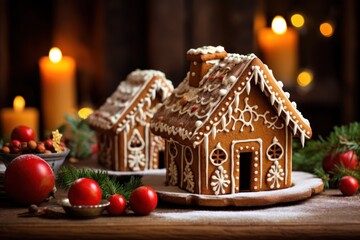 Poster - A table adorned with two beautifully decorated gingerbread houses and flickering candles. Perfect for adding a touch of holiday charm to your home decor or for creating a cozy atmosphere during festiv