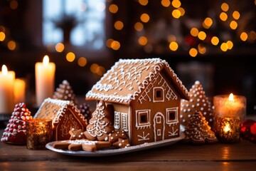 Poster - A plate of gingerbreads with lit candles on a table. This festive image can be used for holiday celebrations or as a decoration for Christmas-themed projects.