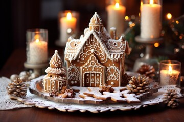 Poster - A plate with a gingerbread house on it. Perfect for holiday decorations or baking enthusiasts.