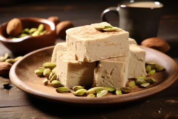 Poster - A plate of tofu topped with nuts accompanied by a cup of coffee. This image can be used to showcase a healthy breakfast or a vegan meal option.
