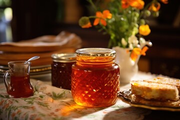 Wall Mural - A jar of honey sits on a table next to a plate of delicious food. This image can be used to showcase the use of honey as a sweet condiment for various dishes.