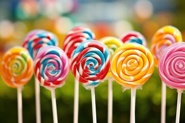 Poster - A vibrant stack of lollipops, creating a playful and sweet display. Perfect for confectionery advertisements or children's party invitations.