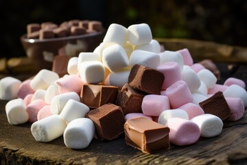 Aufkleber - A pile of marshmallows sitting on top of a wooden table. Perfect for sweet treats and cozy gatherings.