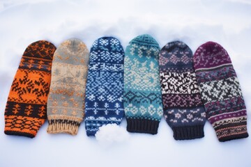 Poster - A row of mittens sitting in the snow. Perfect for winter-themed designs or articles about cold weather accessories.