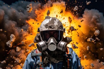 Poster - A man wearing a gas mask stands in front of a powerful explosion. This image can be used to depict themes such as danger, disaster, protection, or survival.