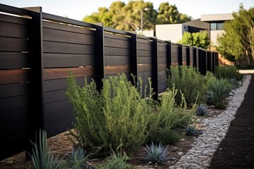 Aufkleber - A picture of a wooden fence with plants growing in front of it. Perfect for adding a touch of nature to any project.