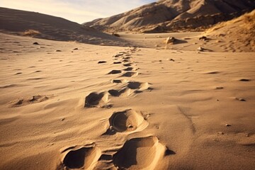 Canvas Print - Footprints in the sand of a beach with majestic mountains in the background. This image captures the beauty and tranquility of nature. Perfect for travel brochures, vacation websites, and inspirationa