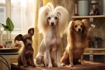 Poster - A group of dogs sitting on top of a table. Perfect for pet lovers or animal-themed designs.