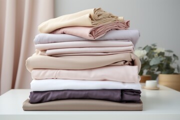 Fototapete - A stack of folded sheets sitting on top of a table. This image can be used for various purposes.