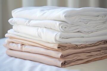 Fototapete - A stack of folded sheets sitting on top of a bed. This versatile image can be used to showcase bedroom decor, highlight the comfort of fresh linens, or illustrate the concept of organization and clean