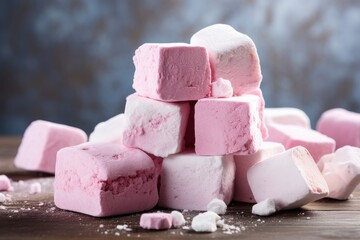 Poster - A pile of pink and white marshmallows arranged on a table. Perfect for sweet treats and dessert concepts.