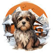 A heart-melting Shih Tzu t-shirt design, featuring the dog in a cozy, rustic cabin surrounded by snow-covered mountains and a crackling fireplace, Generative Ai