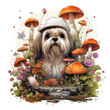 A heartwarming Shih Tzu t-shirt design, portraying the dog as a playful explorer in a whimsical garden filled with oversized flowers and mushrooms, Generative Ai