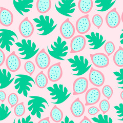 Wall Mural -  Pitaya and monstera leaves seamless tropical pattern