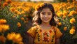 Happy girl in the field of Marigold field wearing mexican dress