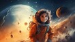 A little girl in a space suit standing in front of a planet