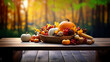 Thanksgiving harvest basket on fall background. Thanksgiving cornucopia fall scene with pumpkins squash on wood table at sunset