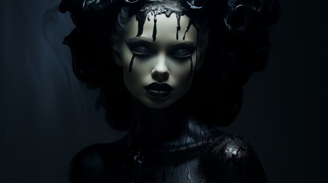Art Fashion photo of a girl in black gothic style. Closeup face of a girl  with black makeup.  Black color concept. Pale Face of a  young woman with black tears on face. Gothic style art composition.